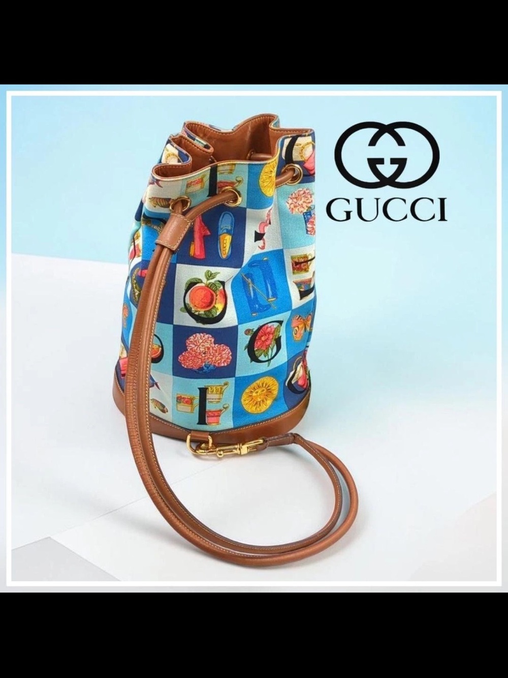 Gucci Blue Multi-Color Floral Patchwork Canvas Bucket Crossbody